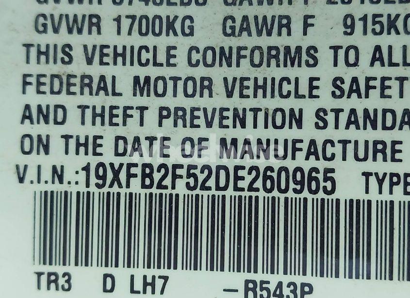 Photo 9 of 2013 Honda Civic LX (VIN 19XFB2F52DE260965)