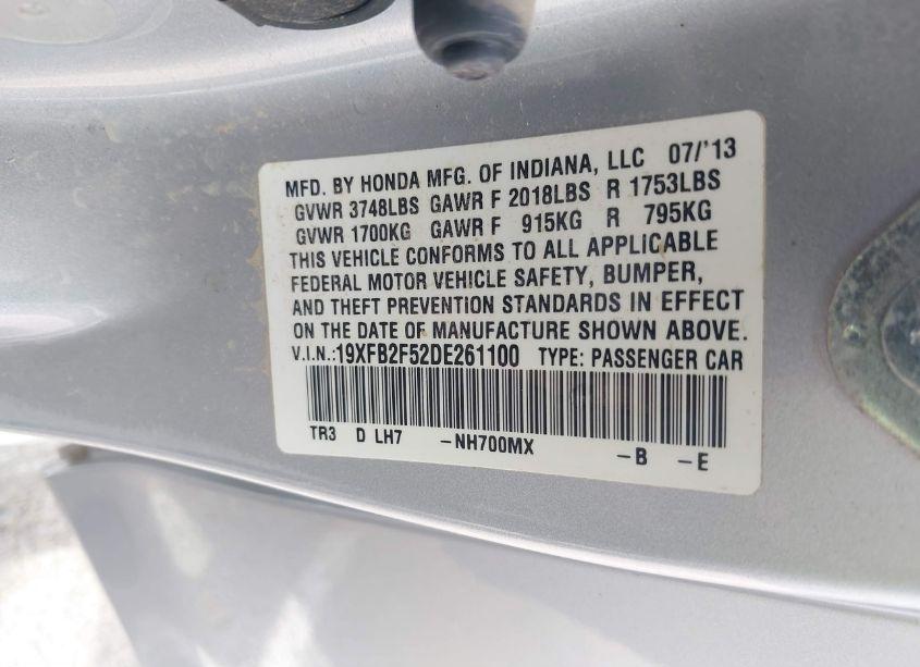 Photo 9 of 2013 Honda Civic LX (VIN 19XFB2F52DE261100)