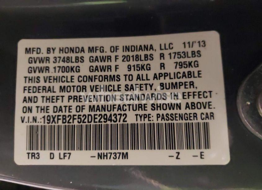 Photo 9 of 2013 Honda Civic LX (VIN 19XFB2F52DE294372)