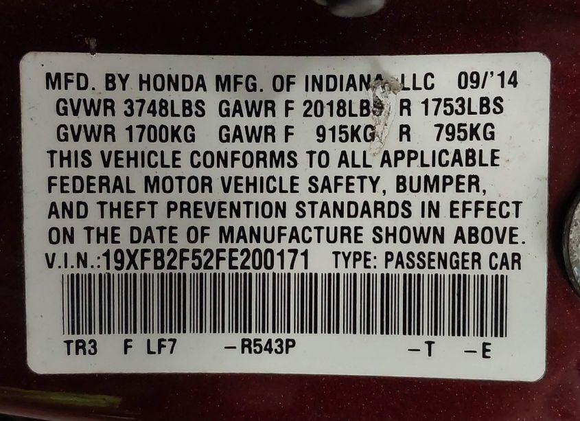 Photo 9 of 2015 Honda Civic LX (VIN 19XFB2F52FE200171)