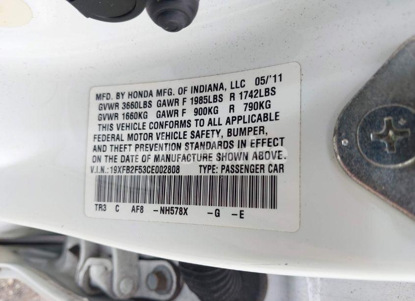 Photo 9 of 2012 Honda Civic LX (VIN 19XFB2F53CE002808)