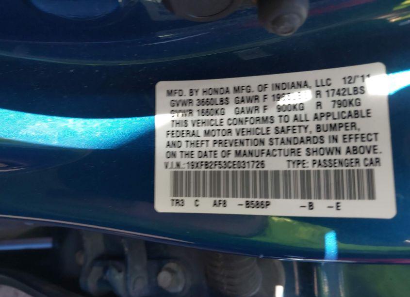 Photo 9 of 2012 Honda Civic LX (VIN 19XFB2F53CE031726)