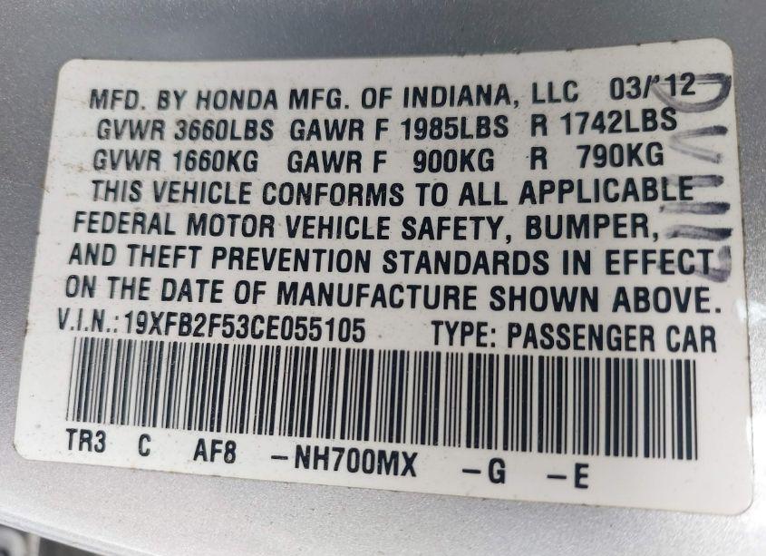 Photo 9 of 2012 Honda Civic LX (VIN 19XFB2F53CE055105)