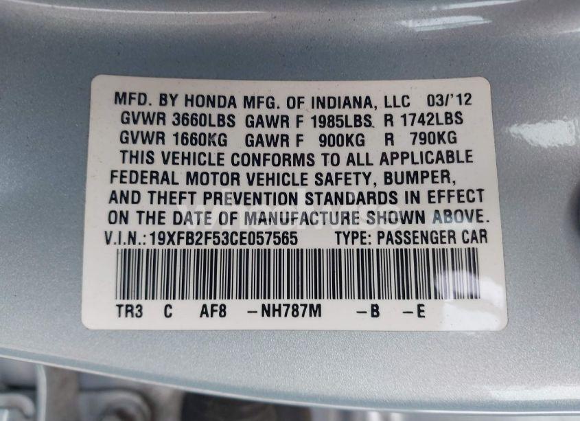 Photo 9 of 2012 Honda Civic LX (VIN 19XFB2F53CE057565)