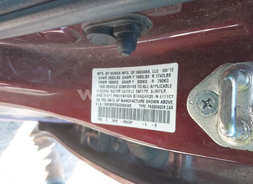 Photo 9 of 2012 Honda Civic SDN LX (VIN 19XFB2F53CE064340)