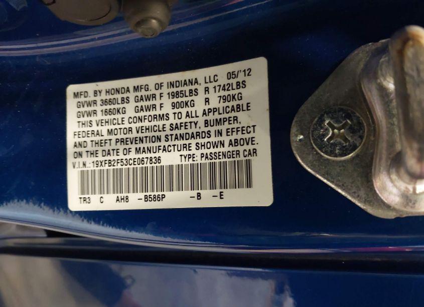 Photo 9 of 2012 Honda Civic SDN LX (VIN 19XFB2F53CE067836)