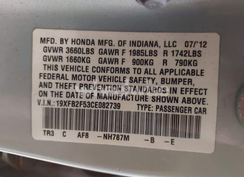 Photo 9 of 2012 Honda Civic SDN LX (VIN 19XFB2F53CE082739)