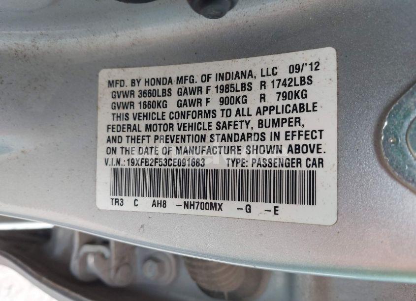 Photo 9 of 2012 Honda Civic LX (VIN 19XFB2F53CE091683)