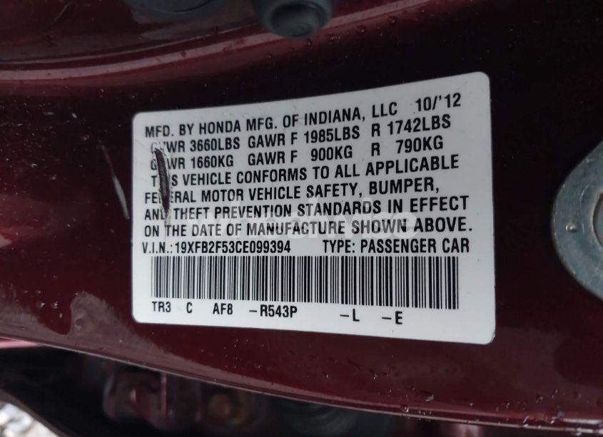 Photo 9 of 2012 Honda Civic LX (VIN 19XFB2F53CE099394)