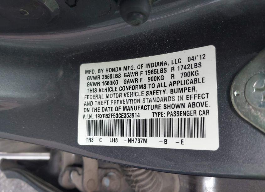 Photo 9 of 2012 Honda Civic LX (VIN 19XFB2F53CE353914)