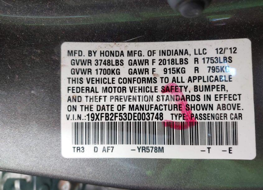 Photo 9 of 2013 Honda Civic LX (VIN 19XFB2F53DE003748)