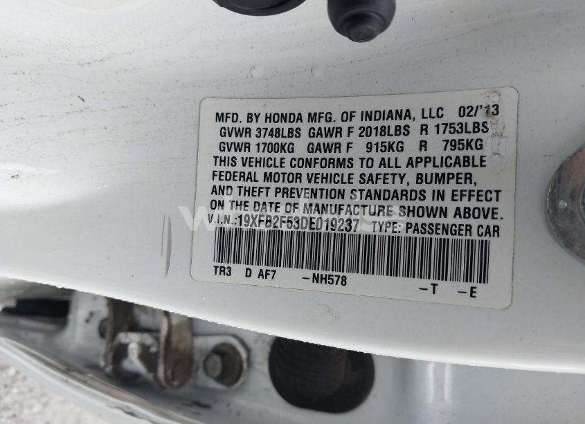 Photo 9 of 2013 Honda Civic LX (VIN 19XFB2F53DE019237)