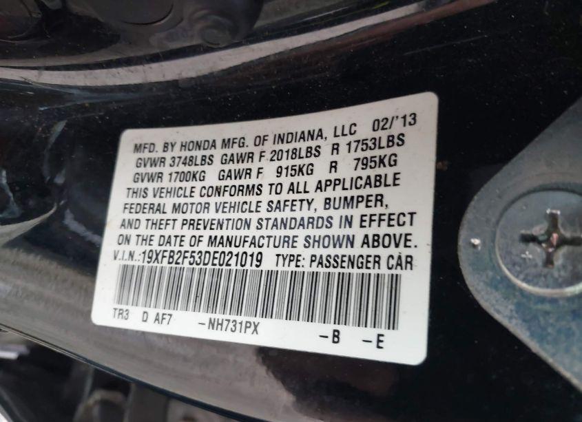 Photo 9 of 2013 Honda Civic LX (VIN 19XFB2F53DE021019)