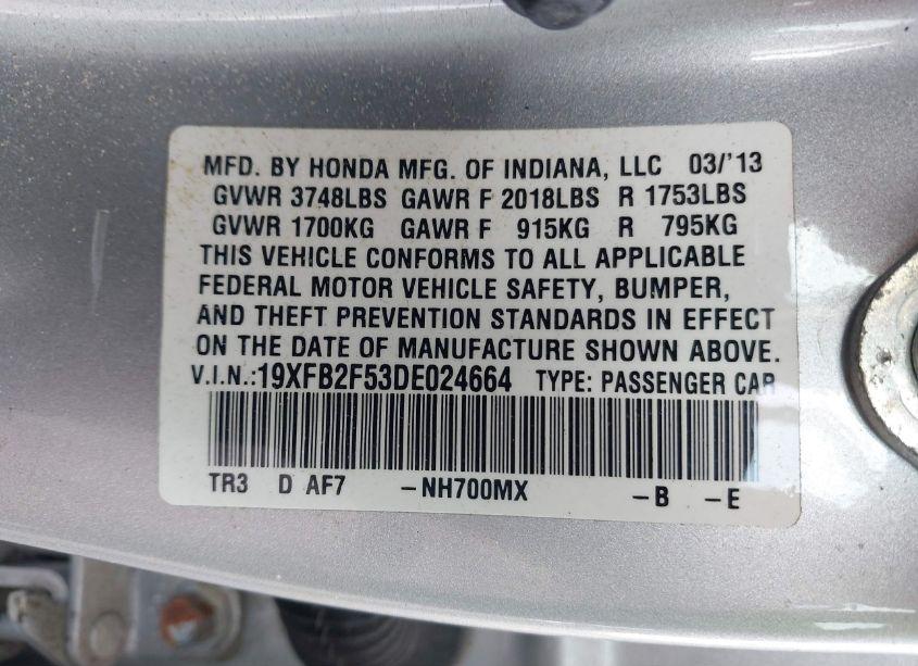 Photo 9 of 2013 Honda Civic LX (VIN 19XFB2F53DE024664)