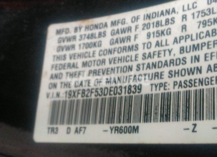 Photo 9 of 2013 Honda Civic LX (VIN 19XFB2F53DE031839)