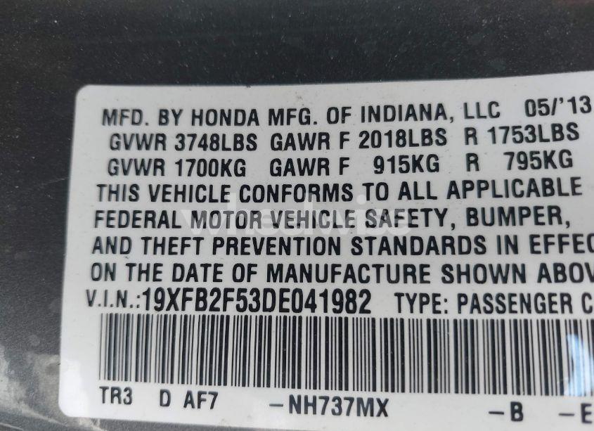 Photo 9 of 2013 Honda Civic LX (VIN 19XFB2F53DE041982)