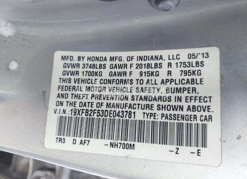 Photo 9 of 2013 Honda Civic LX (VIN 19XFB2F53DE043781)