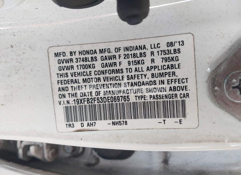 Photo 9 of 2013 Honda Civic LX (VIN 19XFB2F53DE069765)