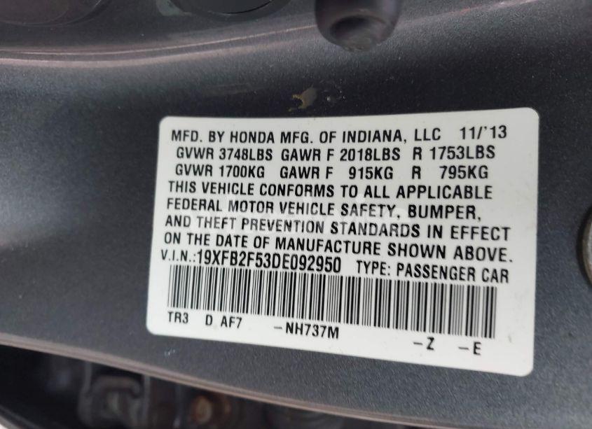 Photo 9 of 2013 Honda Civic LX (VIN 19XFB2F53DE092950)