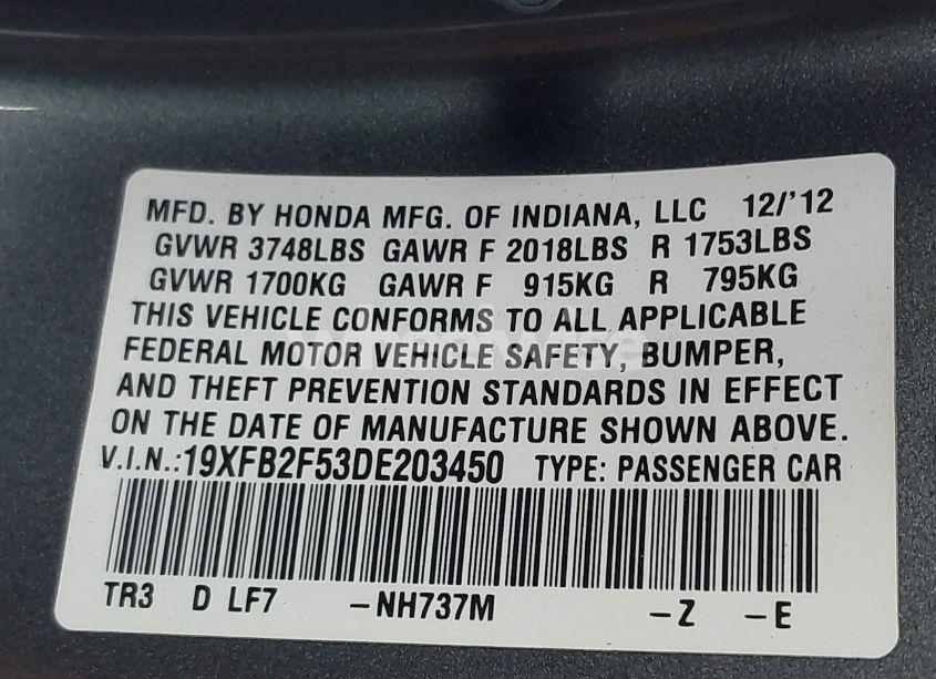 Photo 9 of 2013 Honda Civic LX (VIN 19XFB2F53DE203450)