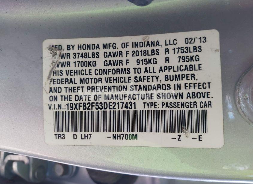 Photo 9 of 2013 Honda Civic LX (VIN 19XFB2F53DE217431)
