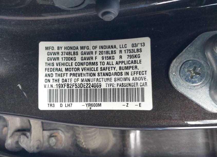 Photo 9 of 2013 Honda Civic LX (VIN 19XFB2F53DE224069)