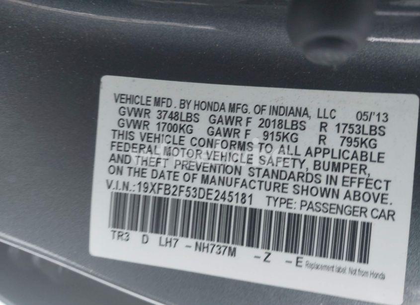 Photo 9 of 2013 Honda Civic LX (VIN 19XFB2F53DE245181)