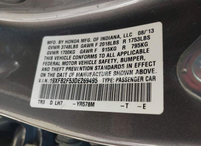 Photo 9 of 2013 Honda Civic LX (VIN 19XFB2F53DE269495)