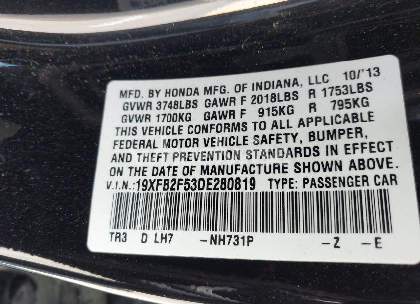 Photo 9 of 2013 Honda Civic LX (VIN 19XFB2F53DE280819)