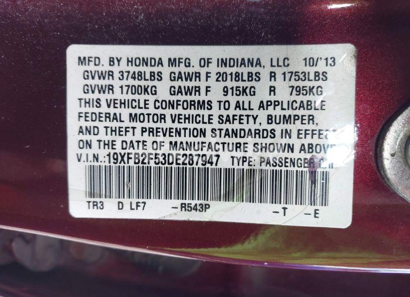 Photo 9 of 2013 Honda Civic LX (VIN 19XFB2F53DE287947)