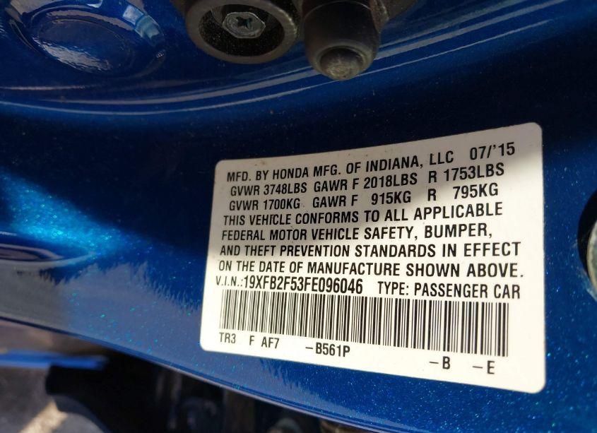 Photo 9 of 2015 Honda Civic LX (VIN 19XFB2F53FE096046)