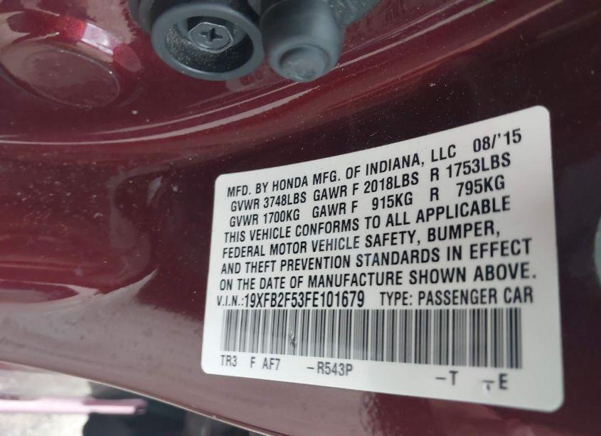 Photo 9 of 2015 Honda Civic LX (VIN 19XFB2F53FE101679)