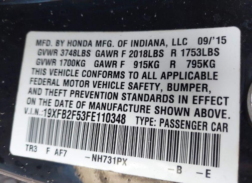 Photo 9 of 2015 Honda Civic LX (VIN 19XFB2F53FE110348)