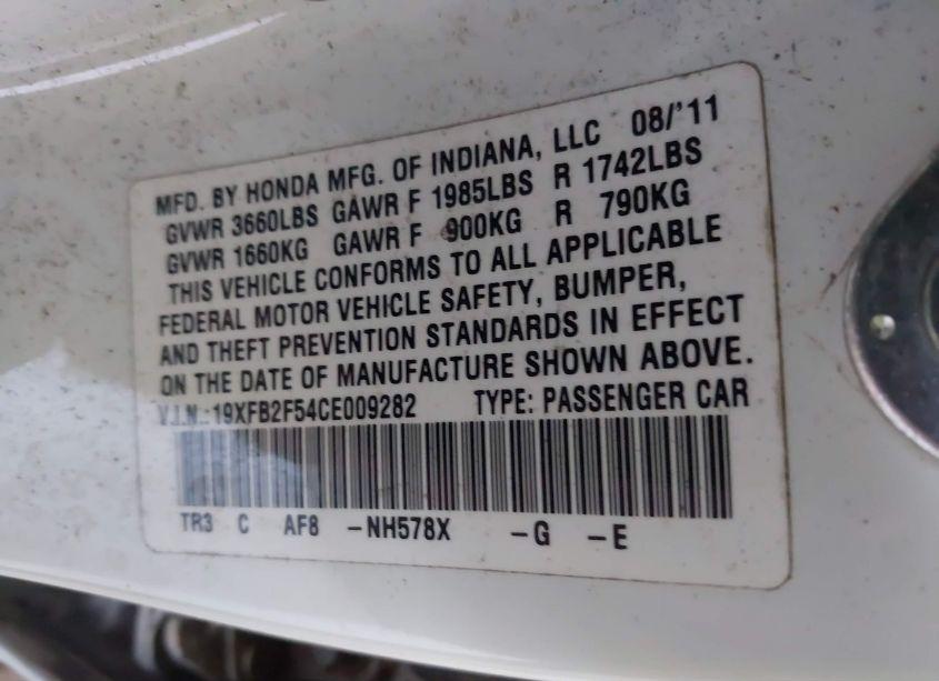 Photo 9 of 2012 Honda Civic LX (VIN 19XFB2F54CE009282)