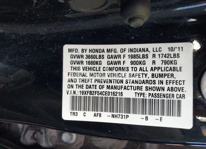 Photo 9 of 2012 Honda Civic LX (VIN 19XFB2F54CE016216)