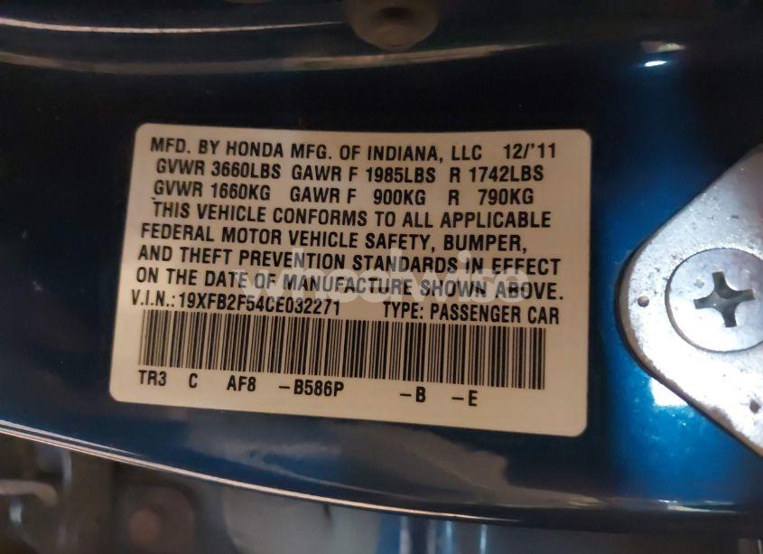 Photo 9 of 2012 Honda Civic LX (VIN 19XFB2F54CE032271)