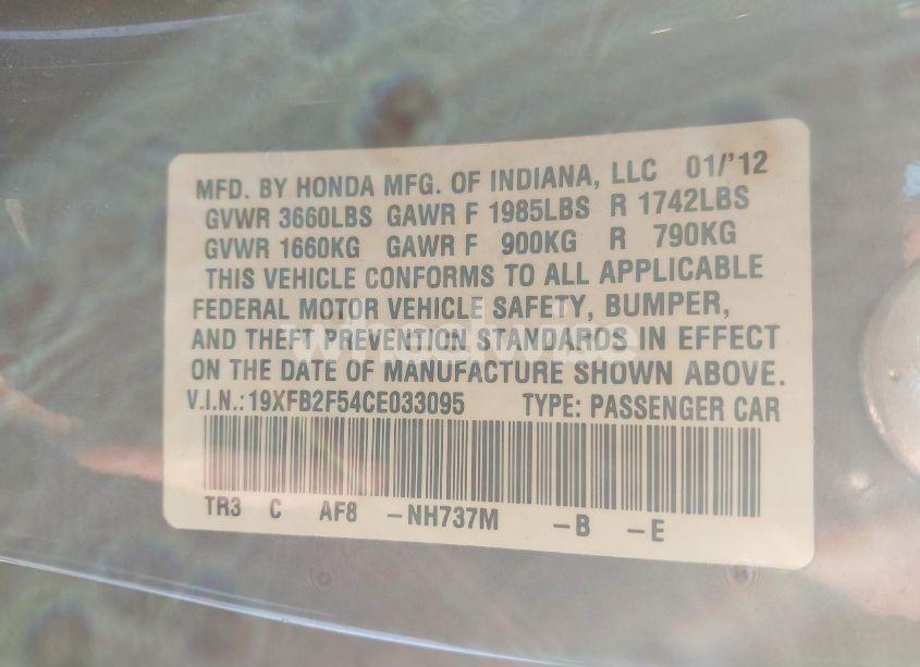 Photo 9 of 2012 Honda Civic SDN LX (VIN 19XFB2F54CE033095)
