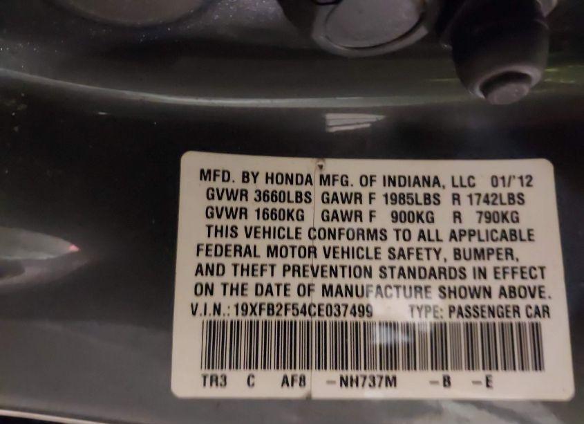 Photo 9 of 2012 Honda Civic SDN LX (VIN 19XFB2F54CE037499)