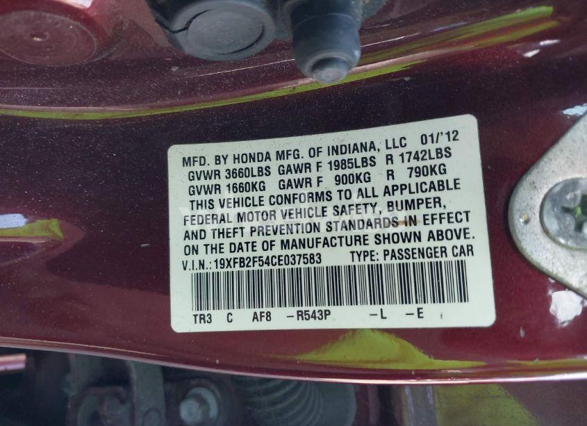 Photo 9 of 2012 Honda Civic LX (VIN 19XFB2F54CE037583)