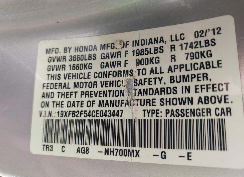 Photo 9 of 2012 Honda Civic LX (VIN 19XFB2F54CE043447)