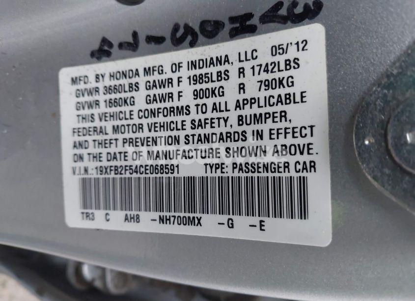 Photo 9 of 2012 Honda Civic SDN LX (VIN 19XFB2F54CE068591)
