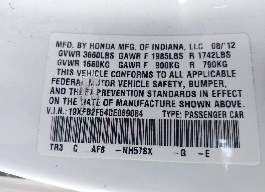Photo 9 of 2012 Honda Civic SDN LX (VIN 19XFB2F54CE089084)