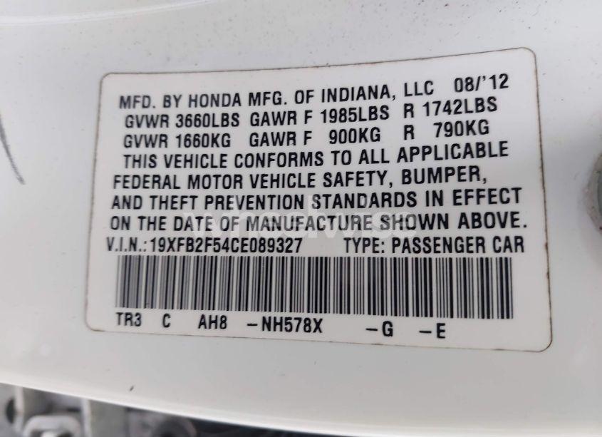 Photo 9 of 2012 Honda Civic LX (VIN 19XFB2F54CE089327)