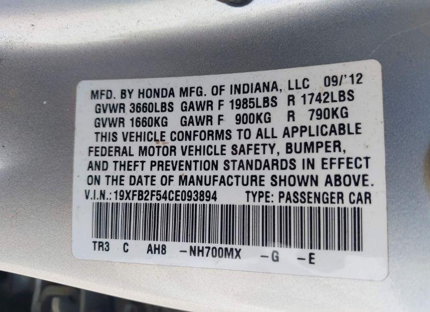 Photo 9 of 2012 Honda Civic SDN LX (VIN 19XFB2F54CE093894)