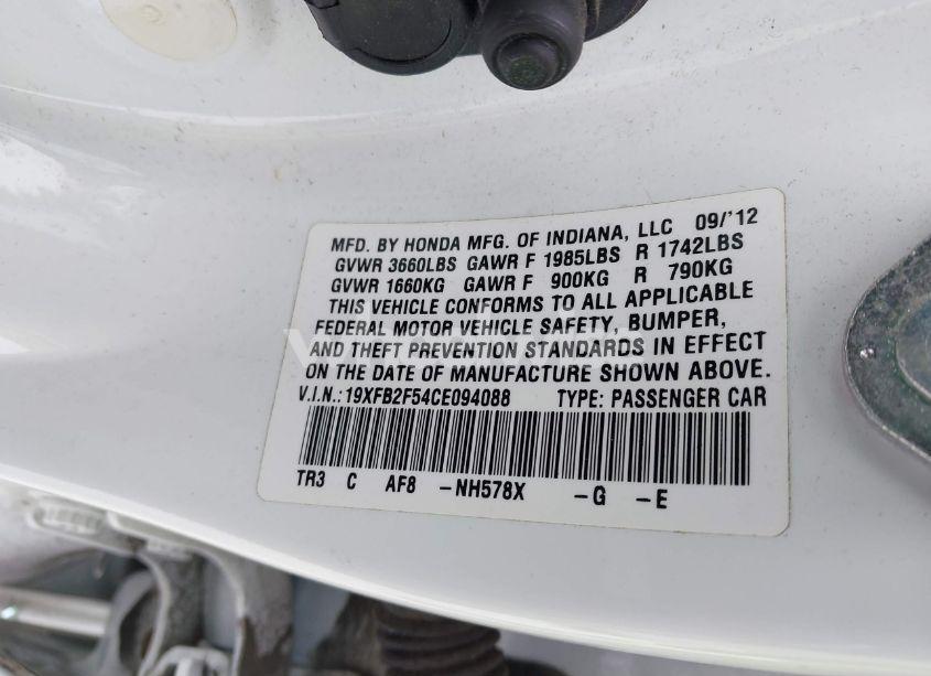 Photo 9 of 2012 Honda Civic SDN LX (VIN 19XFB2F54CE094088)