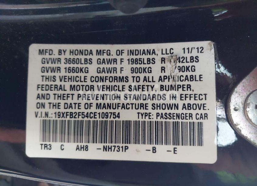 Photo 9 of 2012 Honda Civic LX (VIN 19XFB2F54CE109754)