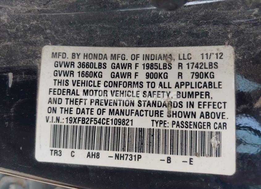 Photo 9 of 2012 Honda Civic LX (VIN 19XFB2F54CE109821)