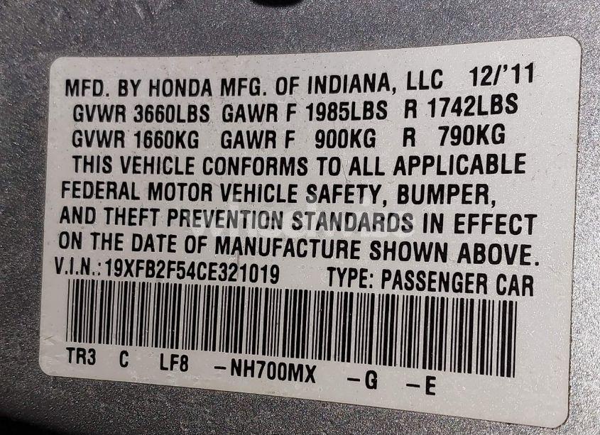 Photo 9 of 2012 Honda Civic LX (VIN 19XFB2F54CE321019)