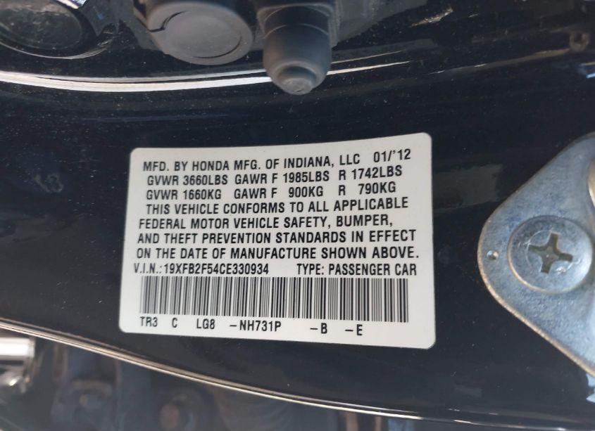 Photo 9 of 2012 Honda Civic SDN LX (VIN 19XFB2F54CE330934)