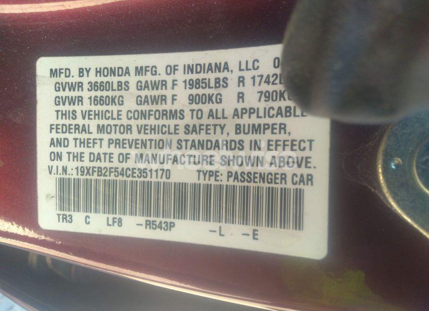 Photo 9 of 2012 Honda Civic LX (VIN 19XFB2F54CE351170)
